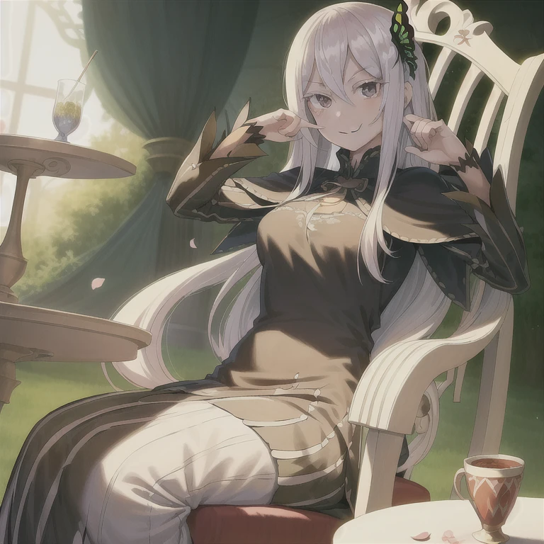 masterpiece,best quality,anime,2d,detailed eyes,
1girl, long hair, solo, butterfly hair ornament, sitting, cup, smile, hair between eyes,capelet, long sleeves, petals, black dress, hair between eyes, butterfly, teacup, looking at viewer, black capelet, vertical stripes, very long hair, holding, striped dress, breasts,closed mouth, chair, table, holding cup, vertical-striped dress, white hair, (colored eyelashes:1.2), flower, black eyes, medium breasts, long dress,(white eyelashes:1.1),
