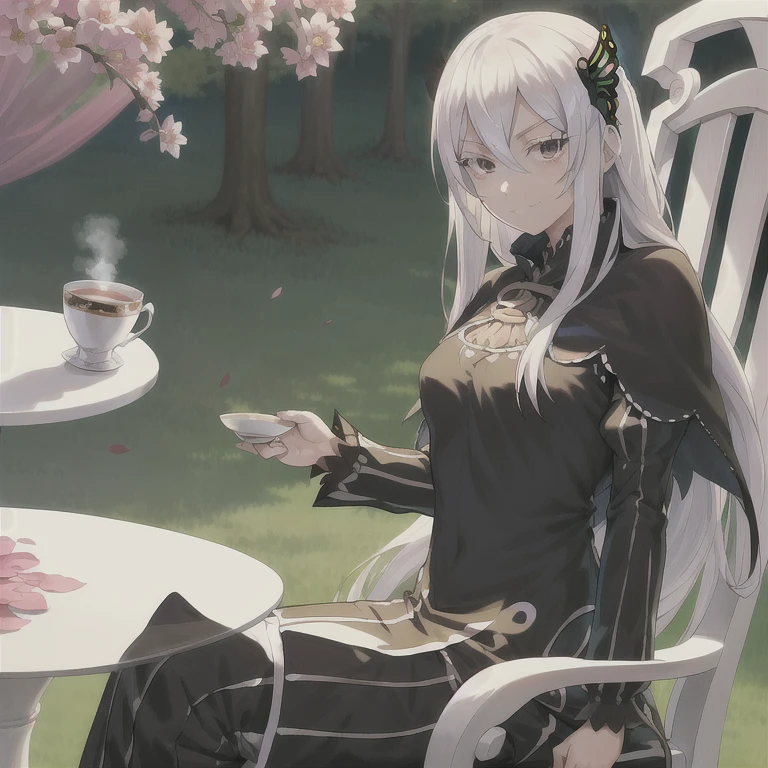 masterpiece,best quality,anime,2d,detailed eyes,
1girl, long hair, solo, butterfly hair ornament, sitting, cup, smile, hair between eyes,capelet, long sleeves, petals, black dress, hair between eyes,  butterfly, teacup, looking at viewer, black capelet, vertical stripes, very long hair, holding, striped dress, breasts,closed mouth, chair, table, holding cup, vertical-striped dress, white hair, (colored eyelashes:1.2), flower, black eyes, medium breasts, long dress,(white eyelashes:1.1),