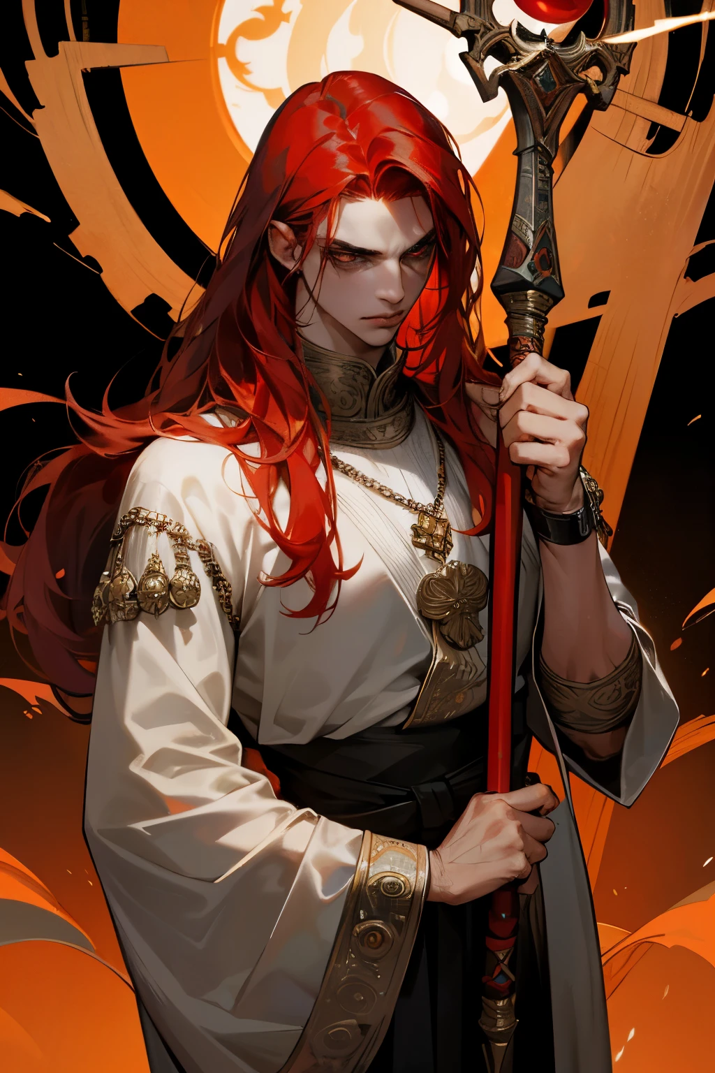 A young man of nineteen years old, with fiery red hair and the staff of a hair necromancer --
His fiery red locks cascaded down to his shoulders, a stark contrast to the usual black or brown hues of his peers. In his hands, he clutched a wooden staff, adorned with ancient symbols and charms meant to manipulate the supernatural world of hair. The intensity of his gaze hinted at the power hidden within him, making onlookers both intrigued and wary. He wore a simple tunic, exposing the strong, toned muscles of his arms, which were dusted with the ash of burnt offerings. His eyes glowed with