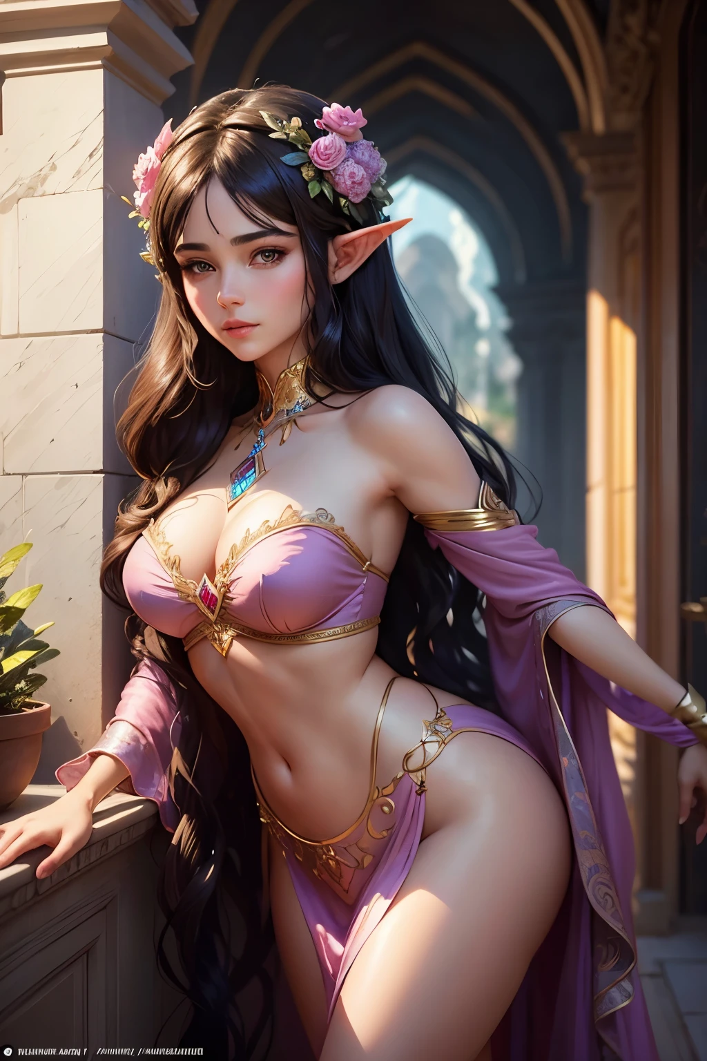 Amidst the tranquil marble expanse of a palatial courtyard, an enchanting brunette elf woman clad in a pink satin dress stands, her voluminous curls cascading down her shoulders. Adorned with intricate waist chains, she poses before a breathtaking masterpiece, an exquisite digital artwork crafted in the highly detailed and ethereal style of Ilya Kuvshinov. The artwork comes alive with delicate hues, painting a scene of vivid enchantment. The brunette elf woman's captivating beauty is reflected in the indigo depths of the magically animated image, as the iridescent embers of