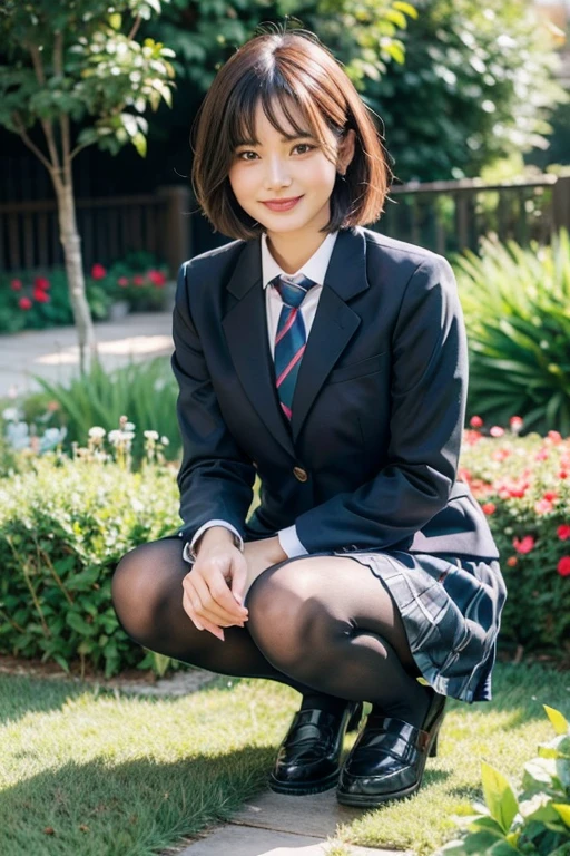 Hair shortcuts,garden,smile,,blazer,checked skirt,tie,squat down,tights,loafers
