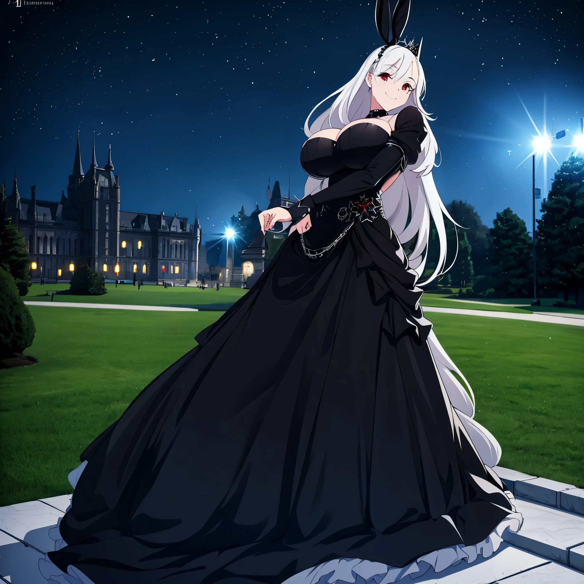 A woman wearing a sophisticated black dress, with an iron cross as a detail on the dress, black bunny tiara, red eyes, long white hair, smiling, big breasts, in a park at night, effect of shining blue lights, background building, stars in the sky, HDR, ultra resolution, very detailed, masterpiece, ultra quality, 4K HD.