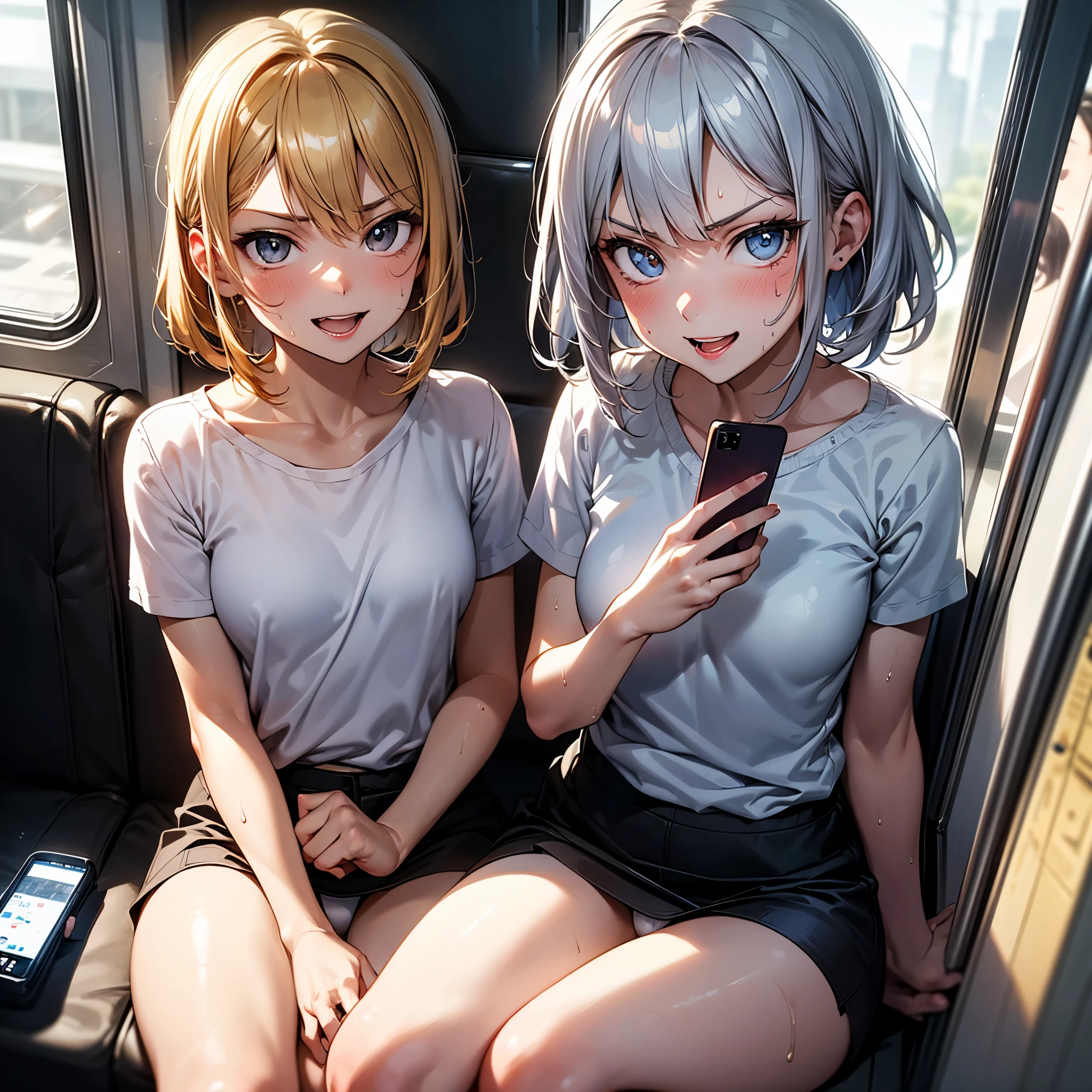 best quality,ultra-detailed,high resolution,extremely detailed CG,perfect anatomy,detailed,cinematic lighting,beautiful detailed eyes,ultra high res,cowboy shot,NSFW,1girl,15years old,gleaming skin,oil skin,gold hair,small breasts,sweat,humid,trembling,strong light coming in,spot lighting,bright,,strong facial expression,(sharp eye:1.2),(scowl:1.1),(stare at viewer with stern eyes:1.5),on the train, train interior, front view of front seat,(looking away:1.4) ,(staring at smartphone:1.7),(sitting:1.3),(skirt:1.3), show off panties, white panties, (cameltoe:1.2), cowboy shot,silver hair,(seductive smile:1.8),(sweat:1.2),(open mouth:1.3),
