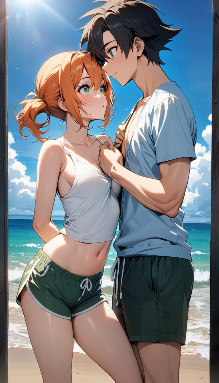 black hair, short hair, brown eyes, hair between eyes, ash ketchum, dark green shorts, light blue shirt open unabuttoned showing his chest
misty pokémon, orange hair, green eyes, side ponytail, white tank top showing her abdomen, green shorts, masterpiece, sun overhead, blue sky
photograph of beautiful 18 year old couple, on beach, looking at each other, he's giving a rose to her