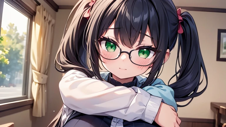 　highest quality,wonderful,finely,extremely detailed CG unity 8k wallpaper,written boundary depth,1 girl, big breasts,(hug:1.3), black hair, glasses, green eyes,twin tails,full body, highest quality,Super detailed,unity 8k wallpaper,game CG,