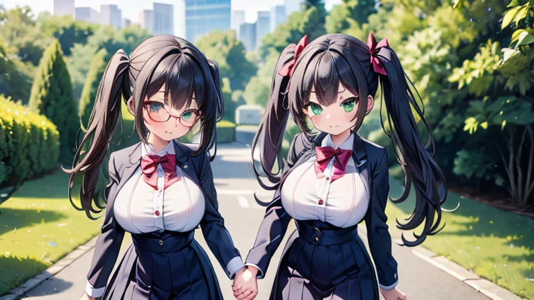 　highest quality,wonderful,finely,extremely detailed CG unity 8k wallpaper,written boundary depth,1 girl, big breasts,(holding hands:1.3), black hair, glasses, green eyes,twin tails,full body, highest quality,Super detailed,unity 8k wallpaper,game CG,