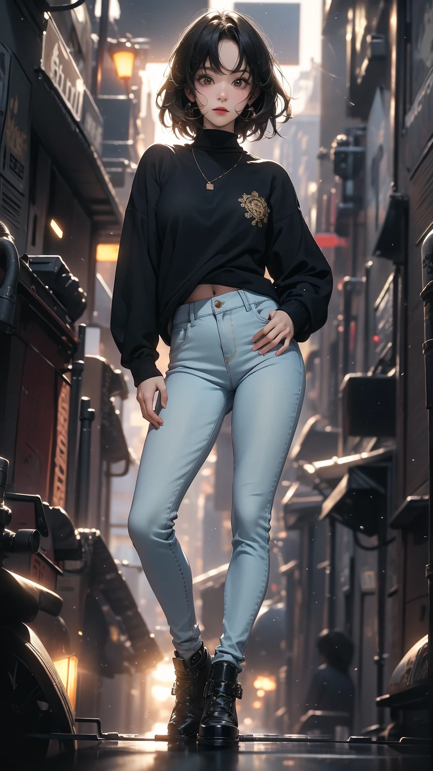 ((Highly detailed CG unit 8k wallpaper, masterpiece, High resolution, highest quality, highest qualityのリアルテクスチャスキン)), ((Hands in pockets pose:1.5, fashion pose:1.2, A cool NY fashion girl influenced by nostalgic and inorganic mode fashion., detailed costume:1.4, Intricately embroidered costume, Solid color crew neck pullover sweater and skinny jeans combination:1.3, Asymmetrical short hair, Nana Komatsu)), (((blurred background, An empty back alley in New York))), Close-up, hyper realistic, digital painting, concept art,
