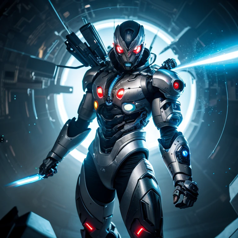 Generate a detailed male human-cyborg hybrid, This prompt is、Creates detailed and compelling depictions of human cyborg hybrids。, organic、Mechanical、Showcasing a seamless fusion of cybernetic elements. Fighter-class cyborgs are supposed to have advanced technology., Seamless integration with biological features, the result、Let the imagination run wild、A terrifying and visually beautiful being was born.。. This unique design balances the natural world with cutting edge technology.。,
