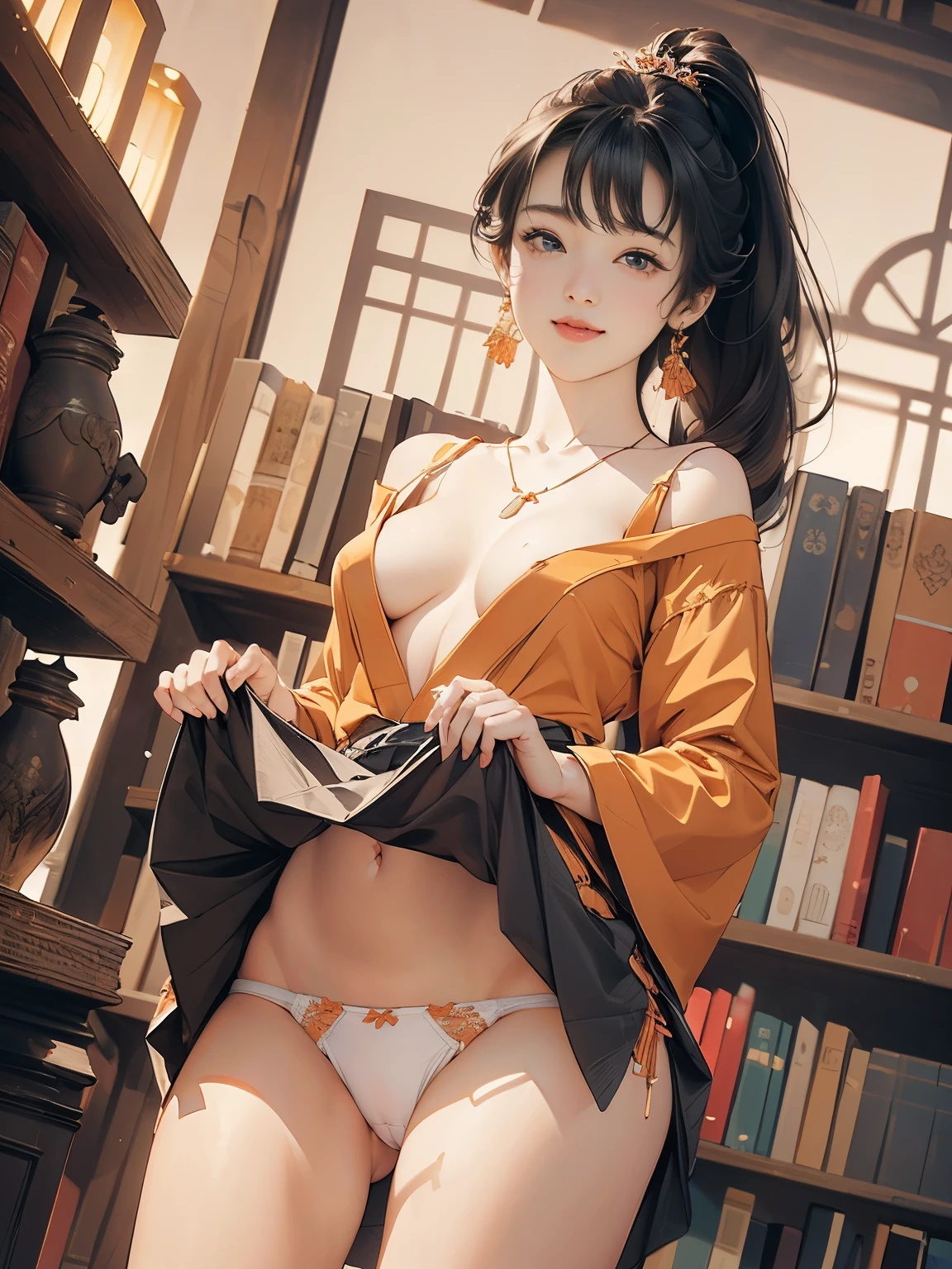 ((((highest quality))))、(((Ultra-precision CG16K wallpaper)))、(((masterpiece)))、(((Super detailed)))、(((super extreme details)))、((1people's women))、mature woman、24 year old woman、(((clarity、detailed face:1.6)))、((Japanese face))、((very beautiful face))、((Mai Shiraishi:1.5))、((straight long ponytail hair、blunt bangs:1.5))、(shiny brown hair)、((Big eyes with double eyelids))、beautiful delicate eyes、brown eyes、raised eyebrows、high nose、small nostrils、small mouth、seductive lips、beautiful breasts、((C cup size breasts))、cleavage、plump body、(Chubby body type)、perfect proportions、perfect anatomy、perfect composition、beautiful detailed shading、beautiful natural lighting、beautiful detail glow、Depth of the bounds written、(((High chroma)))、(((real:1.9)))、((vivid:1.5))、((edge:1.6))、((beautiful skin))、((skin texture))、((realな皮膚感))、(((cowboy shot:1.6)))、((Low angle view from below front:1.8))、((shy smile:1.5))、(Eyes looking at me:1.5)、Bright daylight、Natural light、(((library:1.5)))、(standing pose:1.5)、(((V-neck ribbed dress_Dark orange clothing:1.6)))、(((panties_Show white:1.8)))、((earrings、wearing necklace:1.3))、(((Lift up your skirt with both hands:1.5)))、