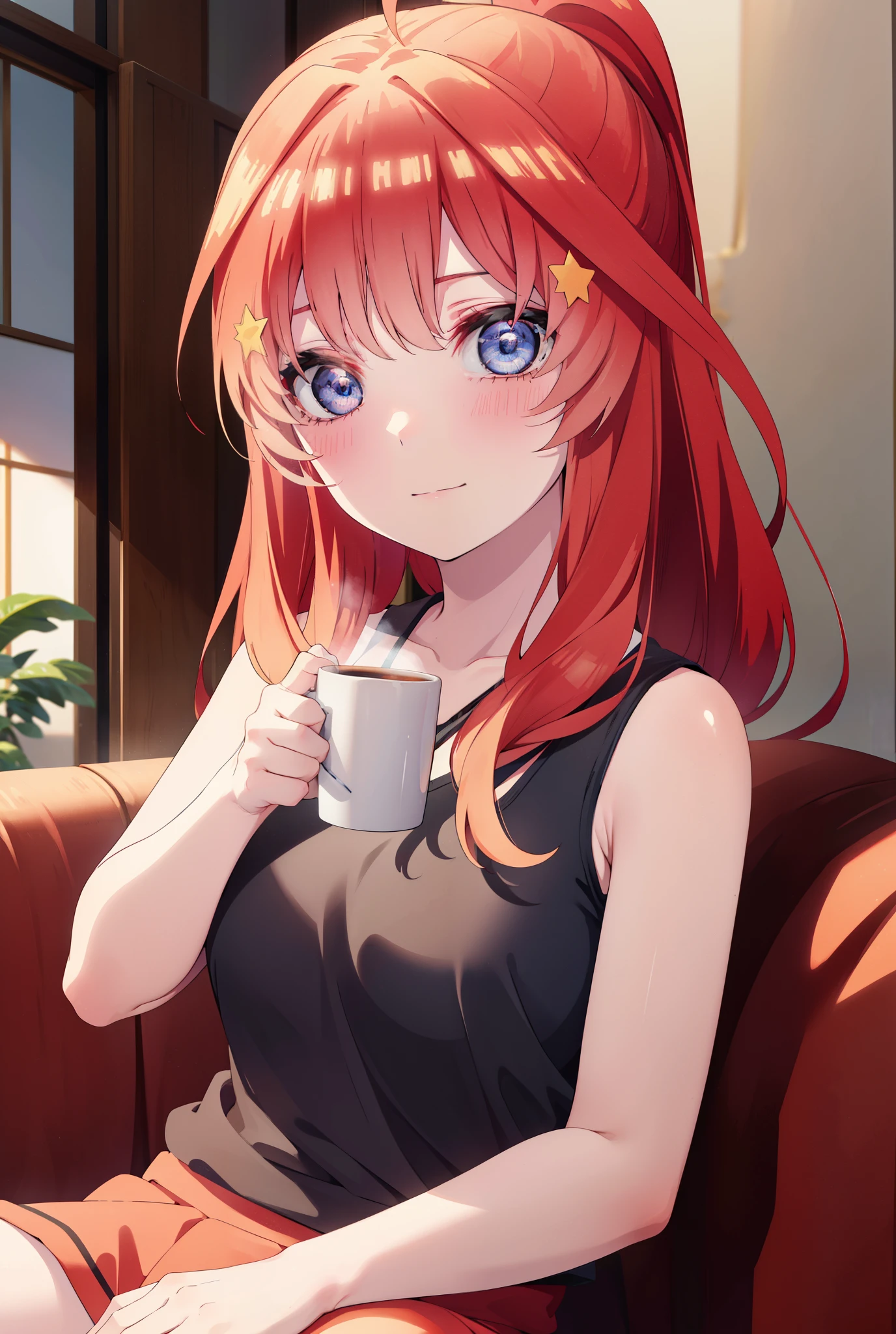 itsukinakano, itsuki nakano, bangs, blue eyes, hair between eyes, Ahoge, redhead, ponytail,big breasts,Red tank top shirt,sleepy,blush,smile,shorts,barefoot,sitting on the sofa,Holding a coffee mug in both hands,morning,morning日,ビルの間から太陽が登っている
break indoors, living,
break looking at viewer, (cowboy shot:1.5),
break (masterpiece:1.2), highest quality, High resolution, unity 8k wallpaper, (figure:0.8), (detailed and beautiful eyes:1.6), highly detailed face, perfect lighting, Very detailed CG, (perfect hands, perfect anatomy),