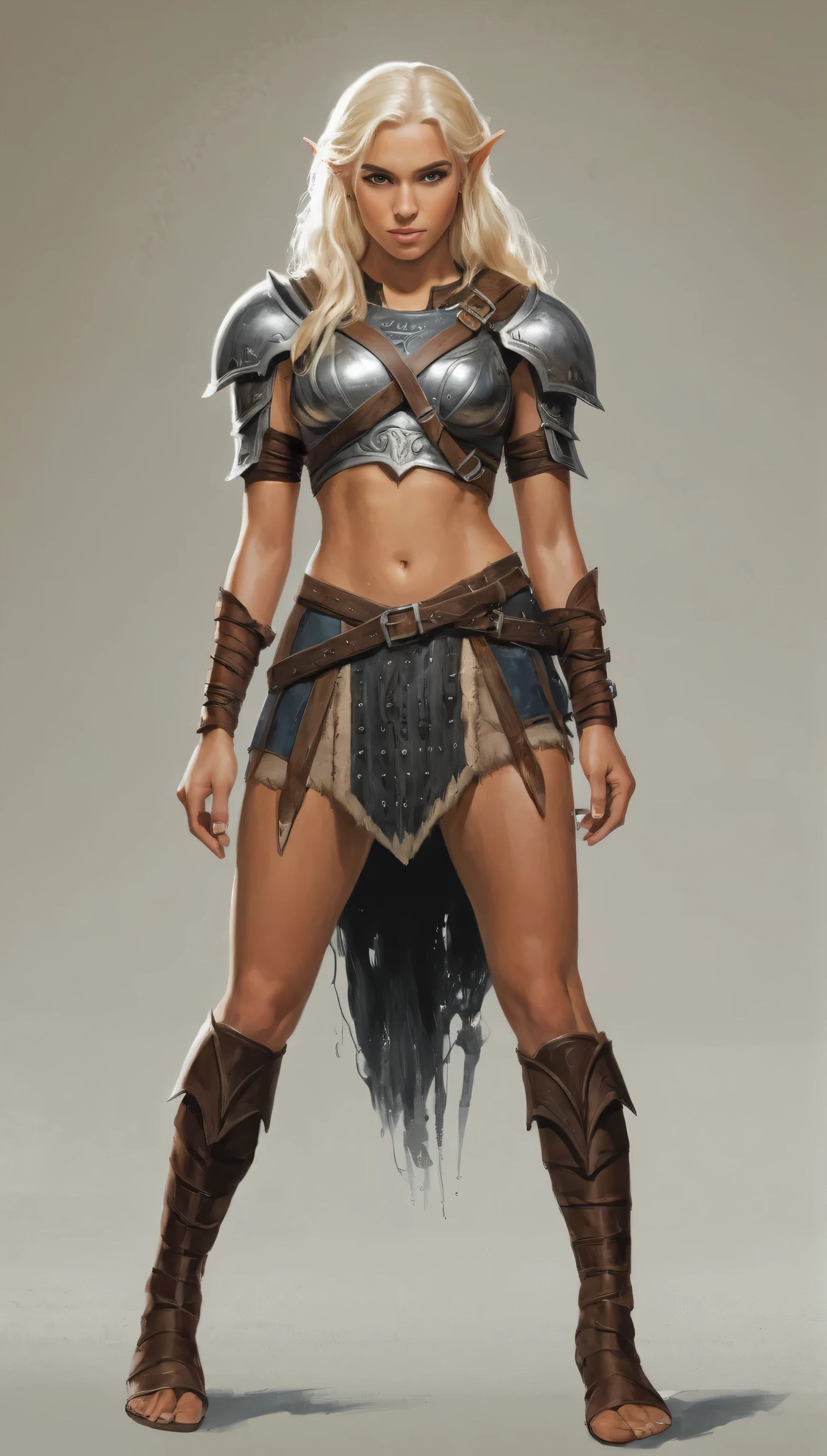 An illustrated movie poster, hand-drawn, full color, a teenage elven girl, wearing a leather cuirass, sun-tanned complexion, very tall, athletic body, hourglass figure, curvy, slightly chubby, bottom-heavy, generous hips, massive bubble-butt, long legs, ridiculously thick powerful thighs, amber brown eyes, long pointy elf ears, platinum blonde hair, long loose waves, posing on a pedestal, wet glistening skin, hard shadows, graphite shading, stencil marks, airbrushed acrylic paint, masterpiece, in the style of Conan the Barbarian