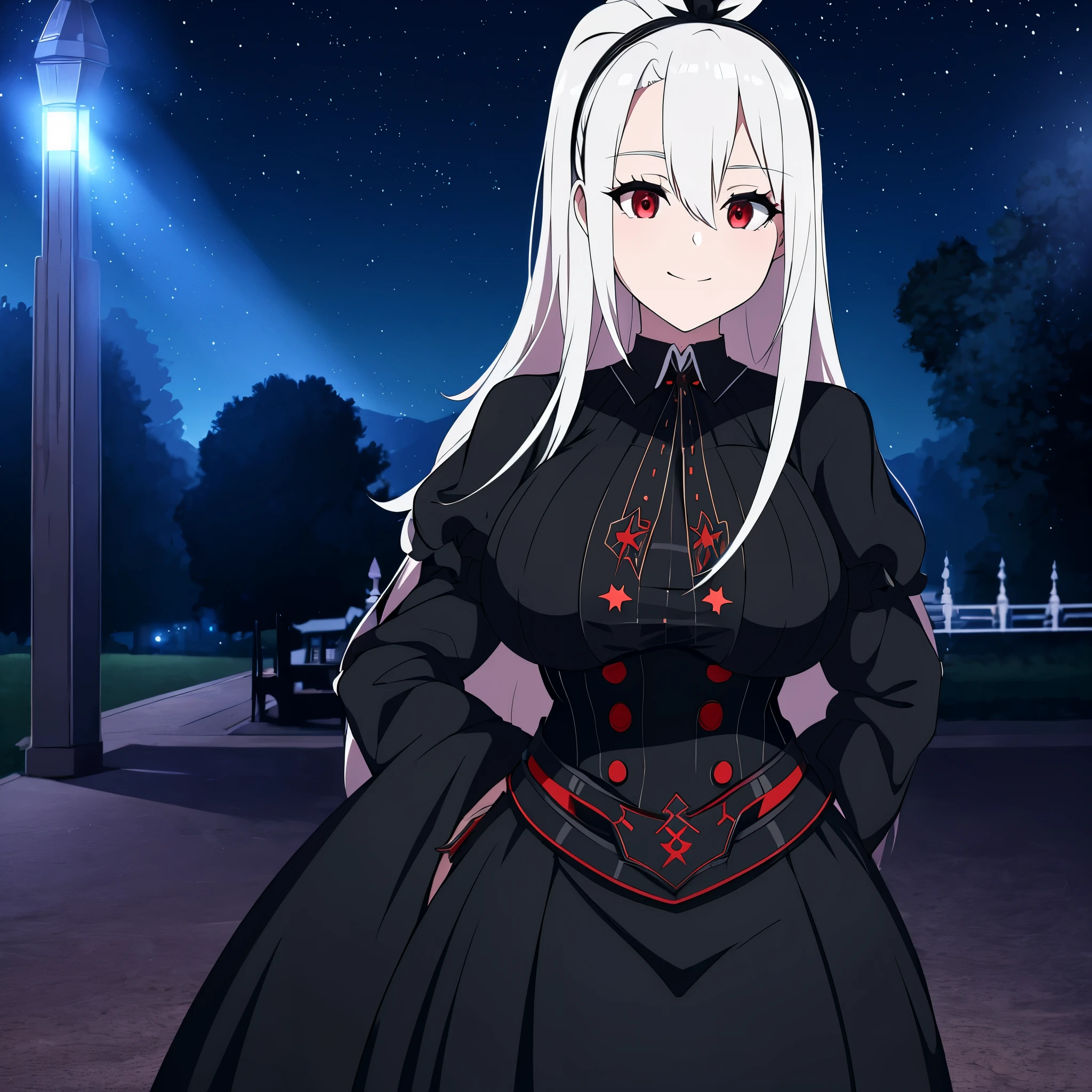 A woman wearing a sophisticated black dress, with an iron cross as a detail on the dress, black bunny tiara, red eyes, long white hair, smiling, big breasts, in a park at night, effect of shining blue lights, background building, stars in the sky, HDR, ultra resolution, very detailed, masterpiece, ultra quality, 4K HD.
