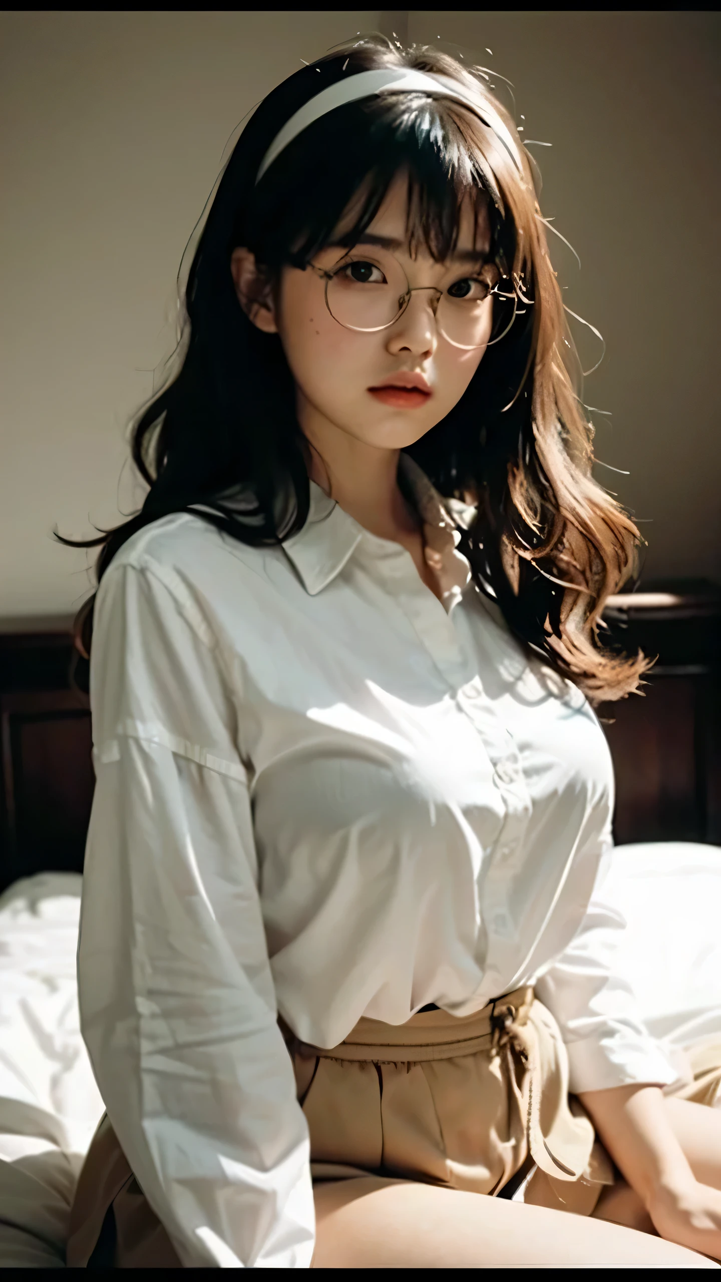 (cinematic angle: 1.2), (1 girl, boyfriend shirt),(best quality, detailed details, masterpiece, official art, movie lighting effects, 4K), wavy hair, hairband, big breast, in bedroom, rectangle eyeglasses, yui mizuno, (looking at viewer)