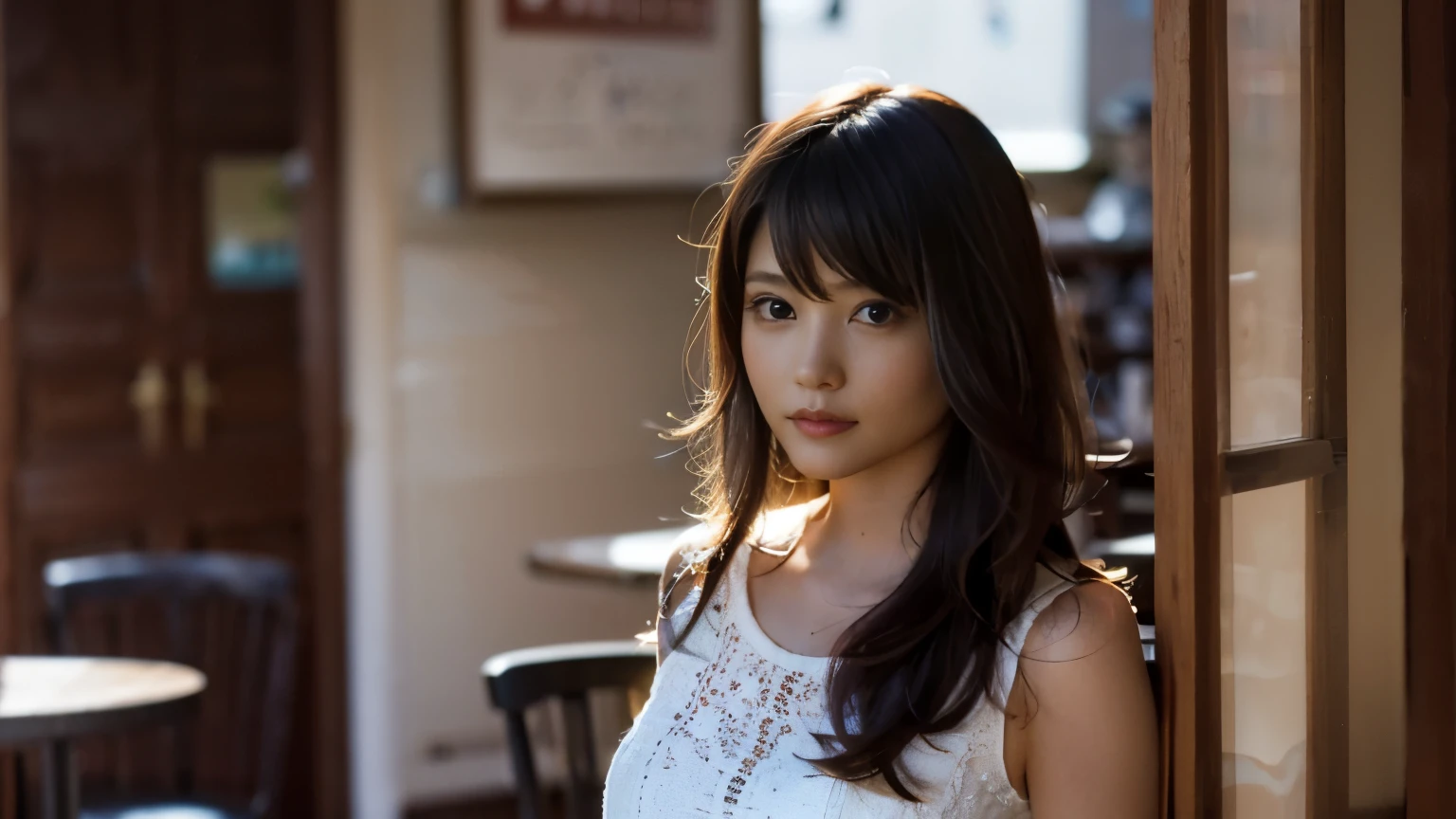 (8K, Raw photo, highest quality, masterpiece: 1.2), (realistic, photorealistic: 1.37), Super detailed, ultra high resolution, one girl, Beholder, beautiful and detailed face, smile, narrow, (slim waist): 1.3), shirt, Beautiful and smooth skin, skin texture, floating hair, professional lighting, big breasts, kind eyes, white sleeveless, peering, Upper body, water,Photographed inside the cafe