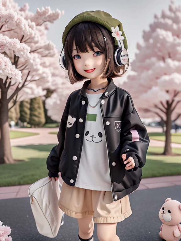 (masterpiece),(best quality),(ultra-detailed), (full body:1.2), 1girl,chibi,cute, smile, open mouth, flower, outdoors, playing guitar, music, beret, holding guitar, jacket, blush, tree, :3, shirt, short hair, cherry blossoms, green headwear, blurry, brown hair, blush stickers, long sleeves, bangs, headphones, black hair, pink flower, (beautiful detailed face), (beautiful detailed eyes),