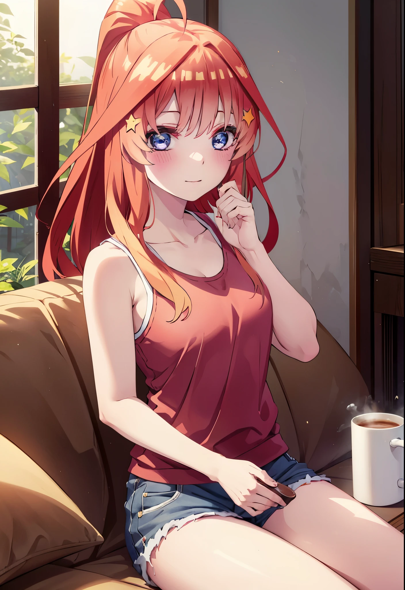 itsukinakano, itsuki nakano, bangs, blue eyes, hair between eyes, Ahoge, redhead, ponytail,big breasts,Red tank top shirt,sleepy,blush,smile,shorts,barefoot,sitting on the sofa,Holding a coffee mug in both hands,morning,morning日,ビルの間から太陽が登っている
break indoors, living,
break looking at viewer, (cowboy shot:1.5),
break (masterpiece:1.2), highest quality, High resolution, unity 8k wallpaper, (figure:0.8), (detailed and beautiful eyes:1.6), highly detailed face, perfect lighting, Very detailed CG, (perfect hands, perfect anatomy),