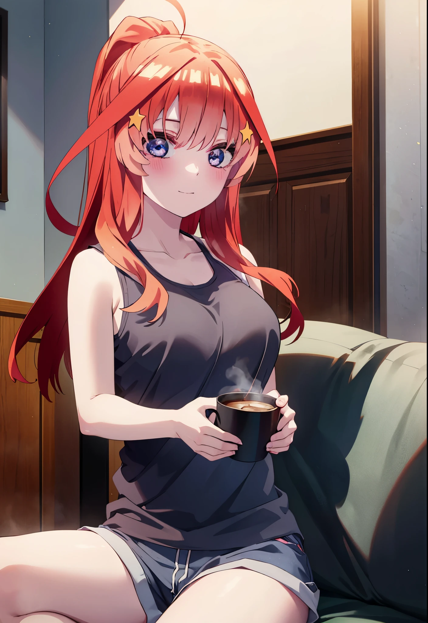 itsukinakano, itsuki nakano, bangs, blue eyes, hair between eyes, Ahoge, redhead, ponytail,big breasts,Red tank top shirt,sleepy,blush,smile,shorts,barefoot,sitting on the sofa,Holding a coffee mug in both hands,morning,morning日,ビルの間から太陽が登っている
break indoors, living,
break looking at viewer, (cowboy shot:1.5),
break (masterpiece:1.2), highest quality, High resolution, unity 8k wallpaper, (figure:0.8), (detailed and beautiful eyes:1.6), highly detailed face, perfect lighting, Very detailed CG, (perfect hands, perfect anatomy),
