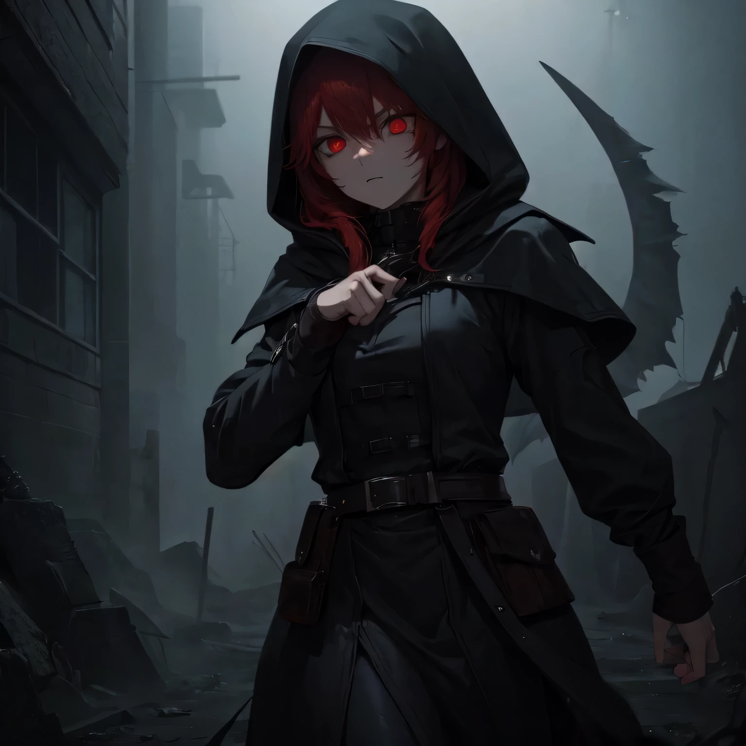 Best quality, realistic, a girl with red hair and detailed eyes and face,with blood on the face, lightning bolts aura around, red glowing eyes, wearing a black dress, with a black overcoat, and a person with a black hood over their head,. The scene depicts a huntress inspired by the style of Van Helsing. The background is a dark, mysterious setting with dimly lit streets and fog. The colors are rich and vibrant, with a dark and moody color palette. The lighting is dramatic, casting long shadows and highlighting the girl's determined expression. The overall image should have a cinematic and thrilling atmosphere, capturing the essence of a fierce and skilled huntress in action.