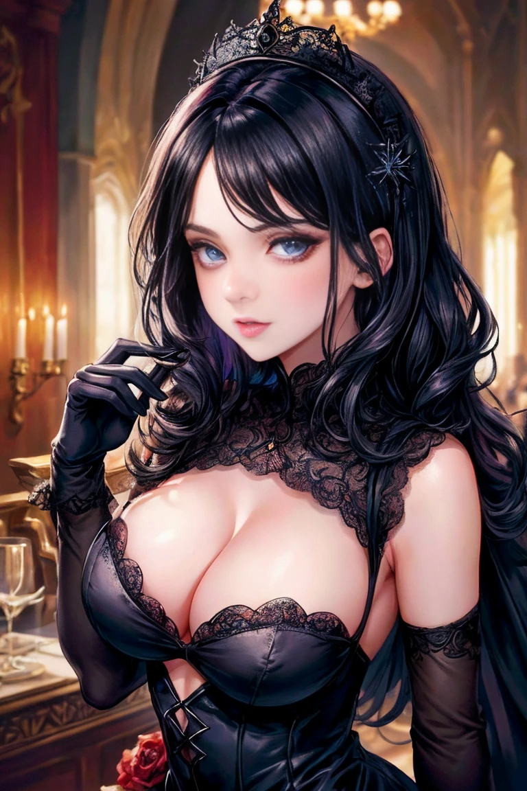 Meisterwerk, Yennefer of Vengerberg, Detailreiches, sexy Gothic-Kleid mit tiefem Ausschnitt, aufwendig detaillierter Hintergrund, (UHD, 8k-Hintergrundbild, high resolution), filmische Beleuchtung, award-winning, extrem detaillierte Haut, besonders detailliertes Gesicht, Augen mit hohem Detailreichtum, fotorealistisch, Zeiss 85 mm F/1.4, by Ellen von Unwerth