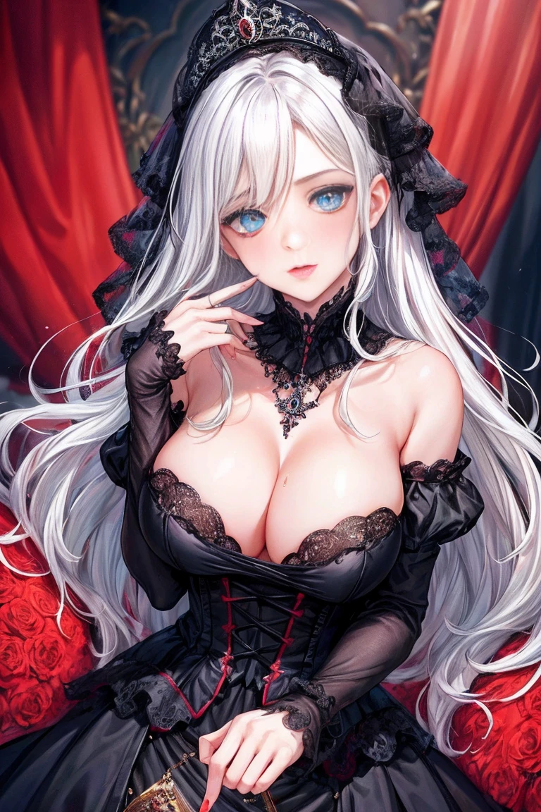 Meisterwerk, Yennefer of Vengerberg, Detailreiches, sexy Gothic-Kleid mit tiefem Ausschnitt, aufwendig detaillierter Hintergrund, (UHD, 8k-Hintergrundbild, high resolution), filmische Beleuchtung, award-winning, extrem detaillierte Haut, besonders detailliertes Gesicht, Augen mit hohem Detailreichtum, fotorealistisch, Zeiss 85 mm F/1.4, by Ellen von Unwerth