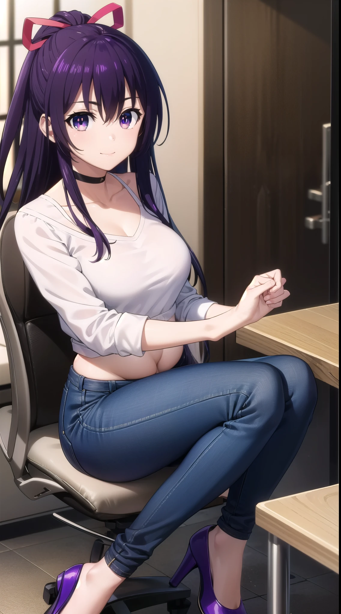 tohkayatogami, tohka yatogami casual, long hair, purple hair, alluringly smile, sweater crop top, white top, long sleeves, v neck, fabric choker, jeans , torn jeans, tight jeans (purple eyes:1.1), hair ribbon, ponytail, purple hair, white ribbon,g cup breasts, plump butt , low heels 
BREAK ,
BREAK indoors, office, alone, sitting, sitting on table, hand on desk , low heels,
BREAK looking at viewer, elegant poses, cheeks rest, confident, full body view, head to toe view, 
BREAK (masterpiece:1.2), best quality, high resolution, unity 8k wallpaper, (illustration:0.8), (beautiful detailed eyes:1.6), extremely detailed face, perfect lighting, extremely detailed CG, (perfect hands, perfect anatomy),