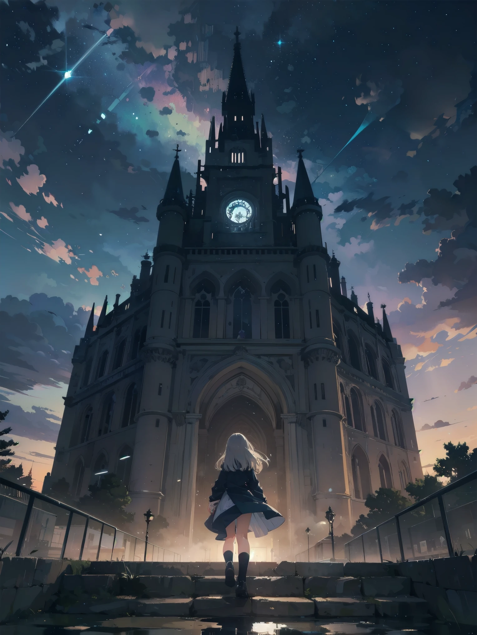 Girl looking up Scene 1: Twilight tower shadow The girl stands quietly against the sky, which is dyed an azure colour. Towering up in front of her is a huge structure called the Tower of Babel. Its form, which seems to pierce through the clouds, seems as if it is about to reach the heavens. The girl's gaze is directed towards the top of the tower. The tower, shrouded in evening darkness, creates a fantastic atmosphere. The surface of the tower is engraved with intricate patterns. It looks like ancient writing. The girl seems to sense something deep within the tower. Is it the memory of a masterpiece story or a longing for an unknown fantasy world? Scene 2: Memory of the starry sky The girl stands at the top of the tower amidst countless twinkling stars in the night sky. At her feet, the lights of the city shine like jewels. The girl closes her eyes and takes a deep breath. The scent of the night breeze is mixed with the old smell of the tower. The girl's mind replayed a famous story. It was a story of adventure and friendship that the girl read as a . The hero of the story, like the girl, climbed the Tower of Babel. There, she meets her friends and overcomes various difficulties. The girl dreamed that one day she, like the hero, would go on an adventure. Scene 3: The promise of the morning glow The girl left the tower just as the light of the morning sun was illuminating it. Looking back, the tower shone in the morning sun and even looked divine. The girl decides that one day she will climb this tower again. And when she does, she vows to spin out the rest of the masterpiece's story. Step by step, the girl walked into the future.