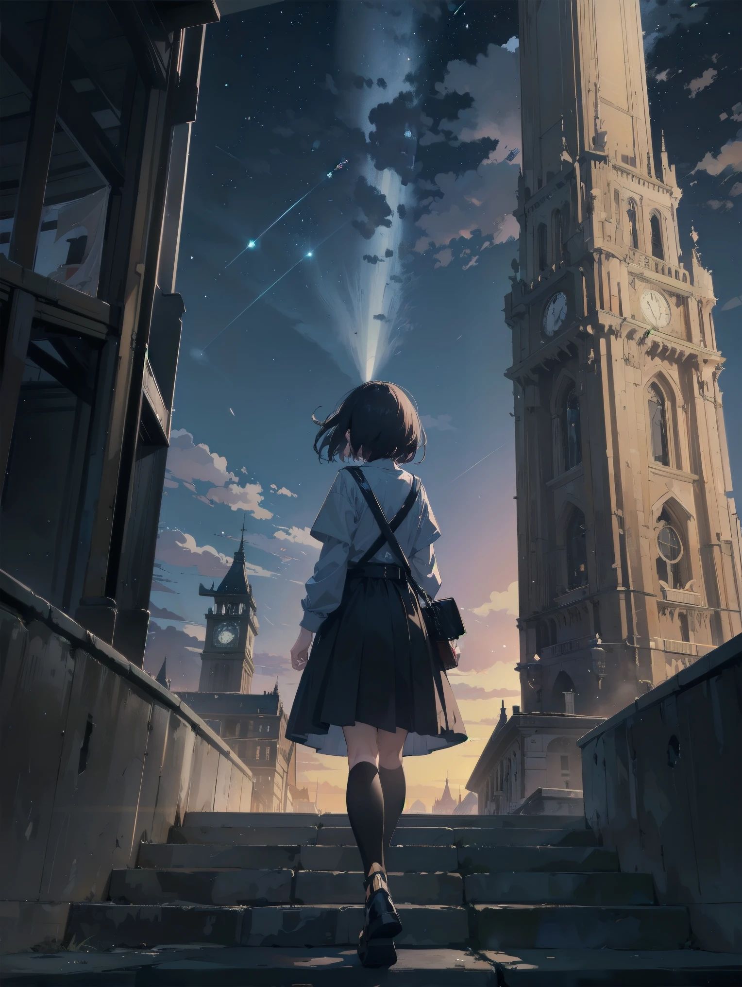 Girl looking up Scene 1: Twilight tower shadow The girl stands quietly against the sky, which is dyed an azure colour. Towering up in front of her is a huge structure called the Tower of Babel. Its form, which seems to pierce through the clouds, seems as if it is about to reach the heavens. The girl's gaze is directed towards the top of the tower. The tower, shrouded in evening darkness, creates a fantastic atmosphere. The surface of the tower is engraved with intricate patterns. It looks like ancient writing. The girl seems to sense something deep within the tower. Is it the memory of a masterpiece story or a longing for an unknown fantasy world? Scene 2: Memory of the starry sky The girl stands at the top of the tower amidst countless twinkling stars in the night sky. At her feet, the lights of the city shine like jewels. The girl closes her eyes and takes a deep breath. The scent of the night breeze is mixed with the old smell of the tower. The girl's mind replayed a famous story. It was a story of adventure and friendship that the girl read as a . The hero of the story, like the girl, climbed the Tower of Babel. There, she meets her friends and overcomes various difficulties. The girl dreamed that one day she, like the hero, would go on an adventure. Scene 3: The promise of the morning glow The girl left the tower just as the light of the morning sun was illuminating it. Looking back, the tower shone in the morning sun and even looked divine. The girl decides that one day she will climb this tower again. And when she does, she vows to spin out the rest of the masterpiece's story. Step by step, the girl walked into the future.