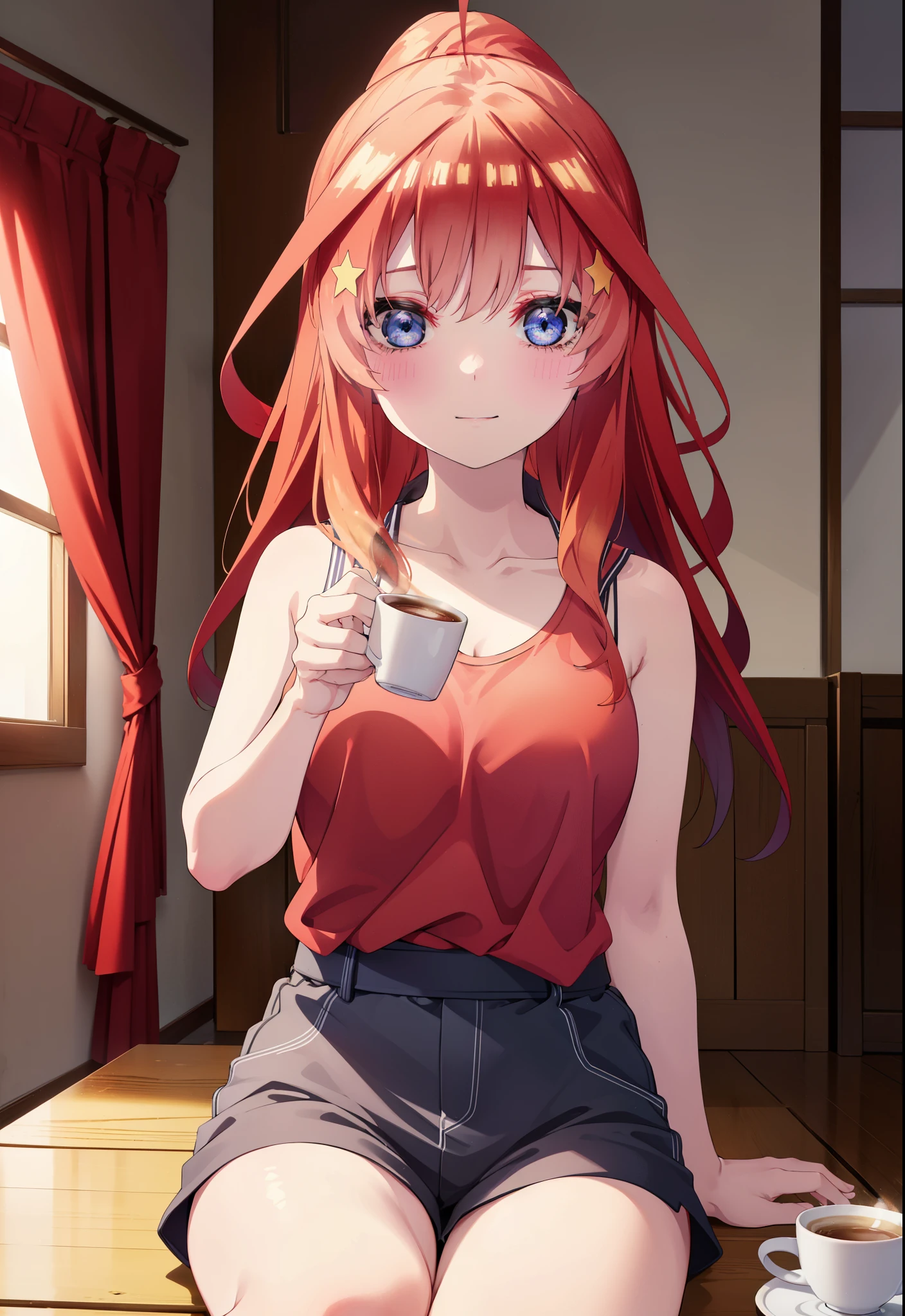 itsukinakano, itsuki nakano, bangs, blue eyes, hair between eyes, Ahoge, redhead, ponytail,big breasts,Red tank top shirt,sleepy,blush,smile,shorts,barefoot,sitting on the sofa,Holding a coffee mug in both hands,morning,morning日,ビルの間から太陽が登っている
break indoors, living,
break looking at viewer, (cowboy shot:1.5),
break (masterpiece:1.2), highest quality, High resolution, unity 8k wallpaper, (figure:0.8), (detailed and beautiful eyes:1.6), highly detailed face, perfect lighting, Very detailed CG, (perfect hands, perfect anatomy),