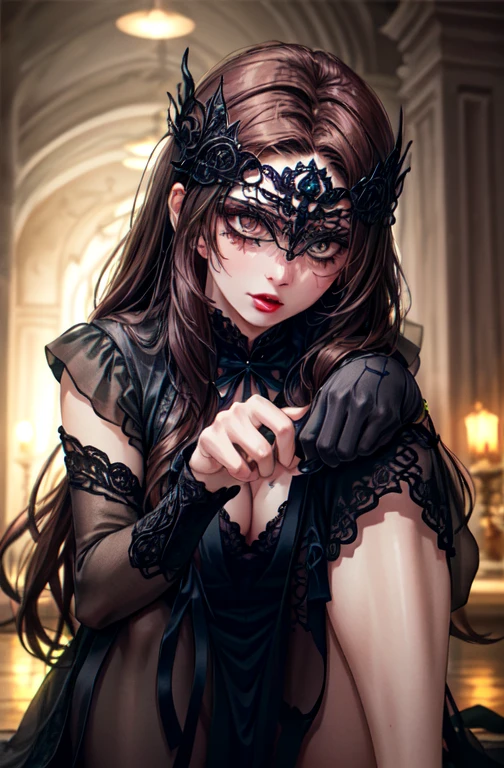 (A portrait shot,)1girl,(vampire),(wearing a black neopunk dress),(dark fantasy),(ancient|victorian),(sexy),(wearing a lace mask),(wearing a jacket),(outdoors),(best quality,4k,8k,highres,masterpiece:1.2),(ultra-detailed),(realistic,photorealistic,photo-realistic:1.37),(HDR),(UHD),(studio lighting),(ultra-fine painting),(sharp focus),(physically-based rendering),(extreme detail description),(professional),(vivid colors),(bokeh),(portrait),(dark ambiance),(sensual),(mysterious),(ethereal),(pale skin),(red lips),(intense gaze),(elegant pose),(lush greenery in the background)