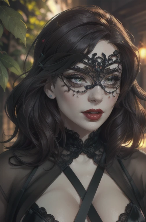 (A portrait shot,)1girl,(vampire),(wearing a black neopunk dress),(dark fantasy),(ancient|victorian),(sexy),(wearing a lace mask),(wearing a jacket),(outdoors),(best quality,4k,8k,highres,masterpiece:1.2),(ultra-detailed),(realistic,photorealistic,photo-realistic:1.37),(HDR),(UHD),(studio lighting),(ultra-fine painting),(sharp focus),(physically-based rendering),(extreme detail description),(professional),(vivid colors),(bokeh),(portrait),(dark ambiance),(sensual),(mysterious),(ethereal),(pale skin),(red lips),(intense gaze),(elegant pose),(lush greenery in the background)