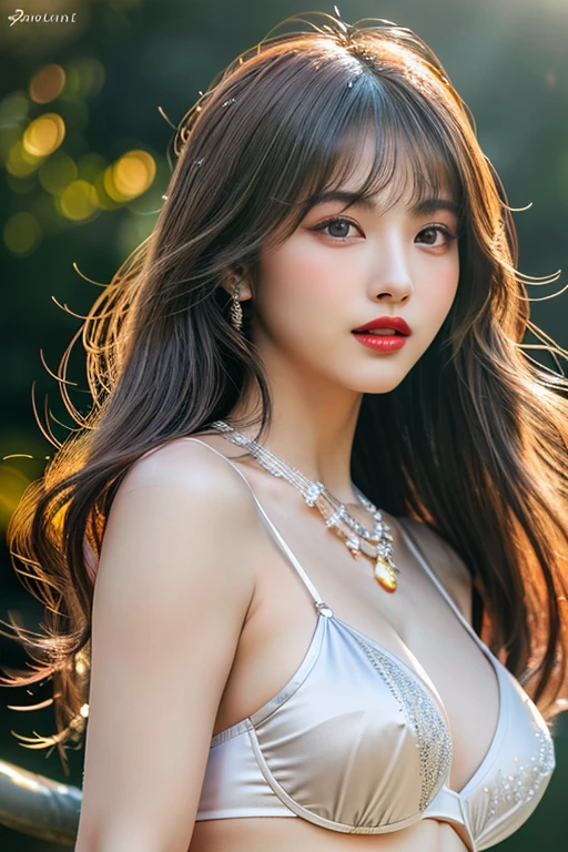 (highest quality、Full body photo 1.2、8K、best image quality、Award-winning work)、(one young girl, :1.3)、(bright red underwear:1.2)、(red eyeshadow:1.2)、perfect makeup、long eyelashes、Super high-definition sparkling eyes、ultra high definition hair、ultra high resolution glossy lips、Super high resolution perfect teeth、Super high resolution cute face、brown hair、(((very long straight hair:1.2))、look at me and smile、[clavicle]、accurate anatomy、Luxury love hotel、(The most moody warm lighting:1.2)、blurred background、With bangs、Super high-resolution glossy and moisturized face、Super high resolution glowing skin、most detailed face、Ultra high resolution detailed faces、ultra high resolution hair、Super high resolution sparkling eyes、Beautiful face drawn in every detail、Super high resolution glossy red lips、big breasts、cleavage、Fashionable necklaces、(((Full body photo 1.2)))、Hair fluttering in the wind 1.2、gray background、(((Professional Lighting 1.5)))、(((White underwear 1.5)))