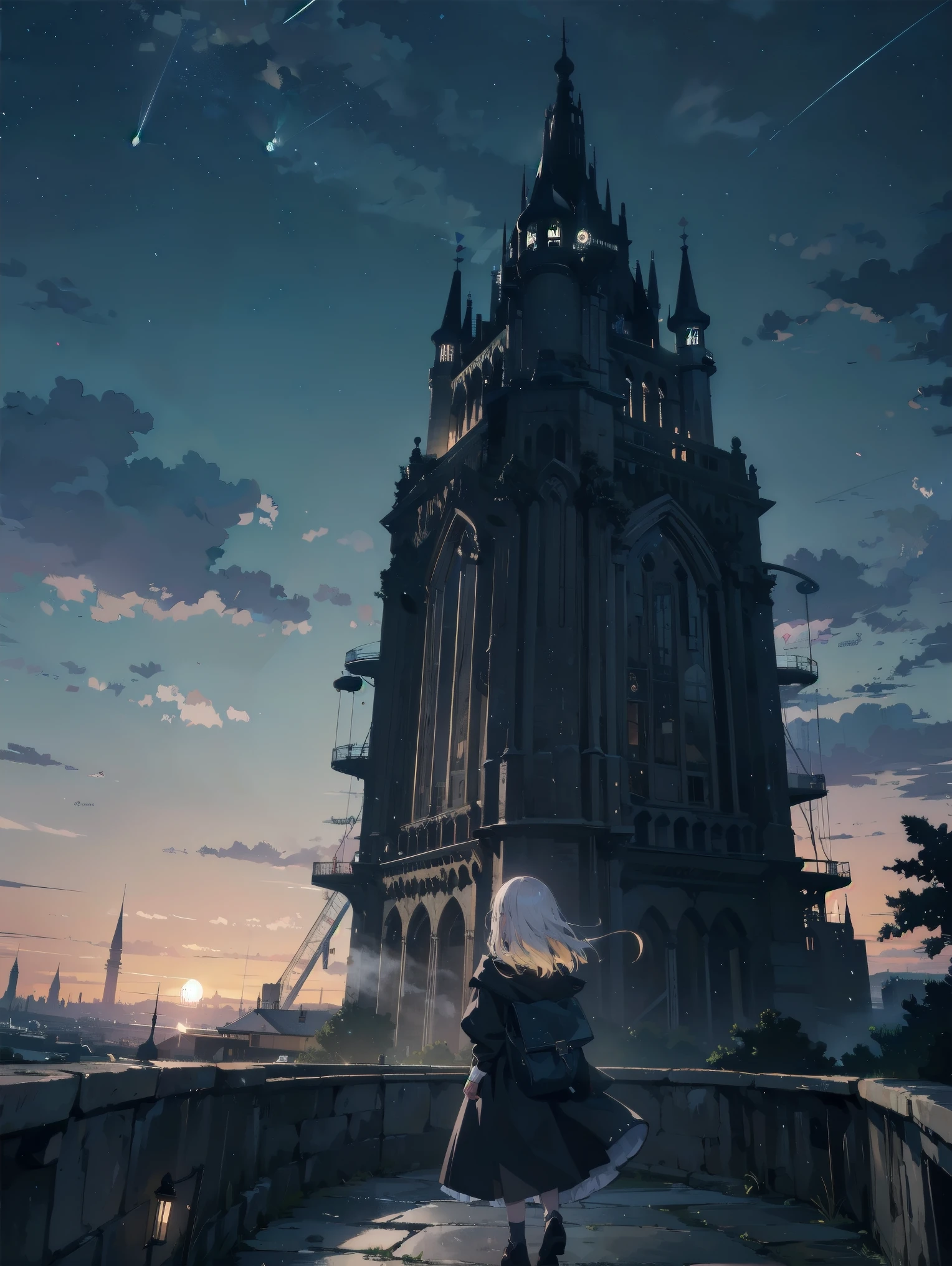 Girl looking up Scene 1: Twilight tower shadow The girl stands quietly against the sky, which is dyed an azure colour. Towering up in front of her is a huge structure called the Tower of Babel. Its form, which seems to pierce through the clouds, seems as if it is about to reach the heavens. The girl's gaze is directed towards the top of the tower. The tower, shrouded in evening darkness, creates a fantastic atmosphere. The surface of the tower is engraved with intricate patterns. It looks like ancient writing. The girl seems to sense something deep within the tower. Is it the memory of a masterpiece story or a longing for an unknown fantasy world? Scene 2: Memory of the starry sky The girl stands at the top of the tower amidst countless twinkling stars in the night sky. At her feet, the lights of the city shine like jewels. The girl closes her eyes and takes a deep breath. The scent of the night breeze is mixed with the old smell of the tower. The girl's mind replayed a famous story. It was a story of adventure and friendship that the girl read as a . The hero of the story, like the girl, climbed the Tower of Babel. There, she meets her friends and overcomes various difficulties. The girl dreamed that one day she, like the hero, would go on an adventure. Scene 3: The promise of the morning glow The girl left the tower just as the light of the morning sun was illuminating it. Looking back, the tower shone in the morning sun and even looked divine. The girl decides that one day she will climb this tower again. And when she does, she vows to spin out the rest of the masterpiece's story. Step by step, the girl walked into the future.