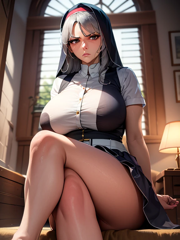 (masterpiece), best quality, warm lighting, looking at viewer, nun, big , thick thighs, gray hair, gray eyes, thick lips, arms folded, folded arms, frown, skirt, show feet, sole of foot, crossed legs, mature