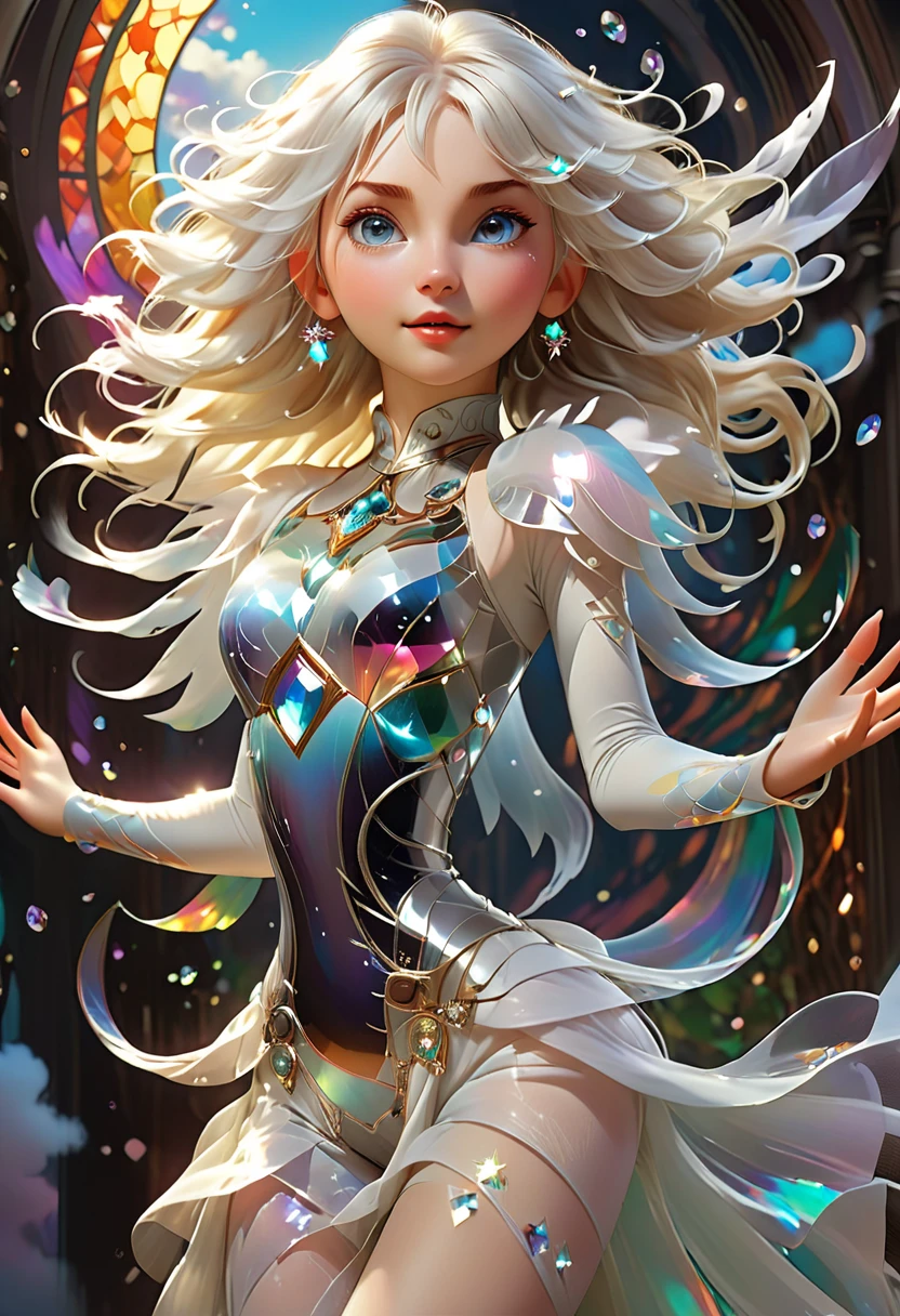 ((In the air)) A very cute girl with white eyes ,white hair fluttering behind her, wearing crystal decorated skin tight body suite attached to the waist, arms,is 8k resolution concept art portrait by Greg Rutkowski, Artgerm, WLOP, Alphonse Mucha dynamic lighting hyperdetailed art trending on Artstation triadic colors Unreal Engine 5,
heavenly sunshine beams divine bright soft focus holy in the clouds