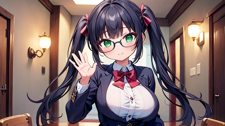 　highest quality,wonderful,finely,extremely detailed CG unity 8k wallpaper,written boundary depth,1 girl, big breasts,(waving:1.3), black hair, glasses, green eyes,twin tails,full body, highest quality,Super detailed,unity 8k wallpaper,game CG,