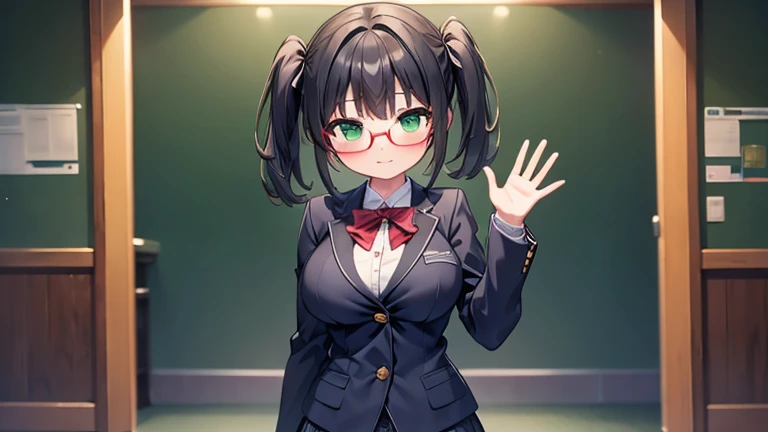 　highest quality,wonderful,finely,extremely detailed CG unity 8k wallpaper,written boundary depth,1 girl, big breasts,(waving:1.3), black hair, glasses, green eyes,twin tails,full body, highest quality,Super detailed,unity 8k wallpaper,game CG,