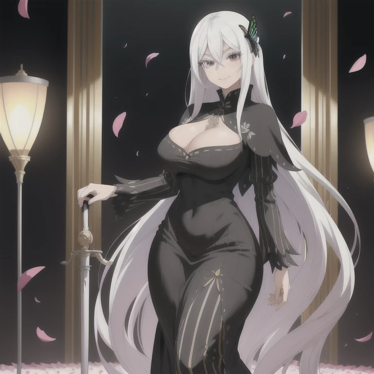 masterpiece,best quality,anime,2d,detailed eyes, 1girl, long hair, solo, butterfly hair ornament, standing, smile, hair between eyes,capelet, long sleeves, petals, black dress, hair between eyes, butterfly, looking at viewer, black capelet, vertical stripes, very long hair, holding, striped dress, breasts, masssive breasts, huge breasts, standing, looking at viewer, huge ass, huge thighs, narrow waist, wide hips, thick thighs, curvy,cleavage, closed mouth, vertical-striped dress, white hair, (colored eyelashes:1.2), flower, black eyes, medium breasts, long dress,(white eyelashes:1.1)