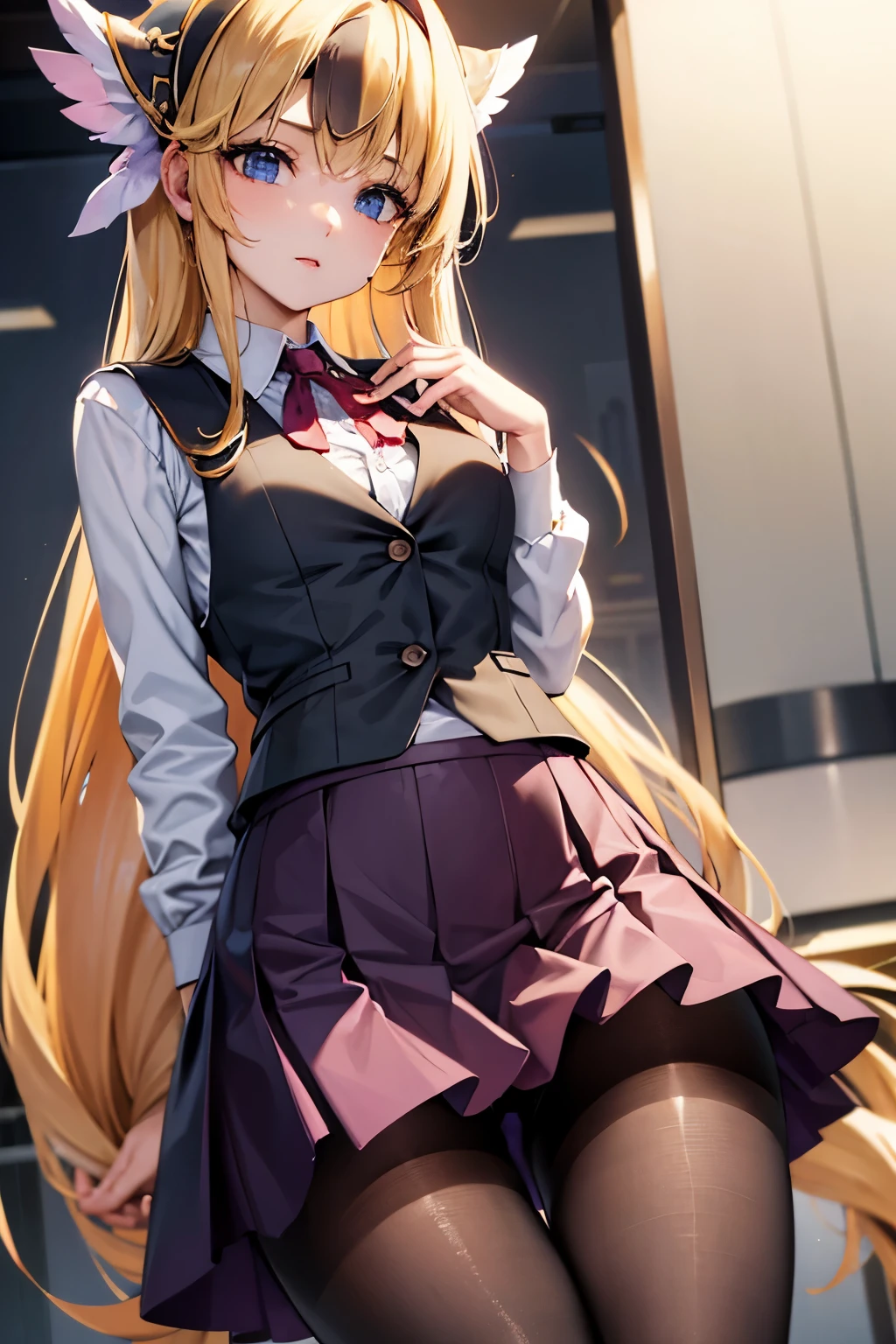 lease, blonde、long hair、office lady clothes、pantyhose、Photo from below、medium chest、bootini skirt、blouse、vest、headband