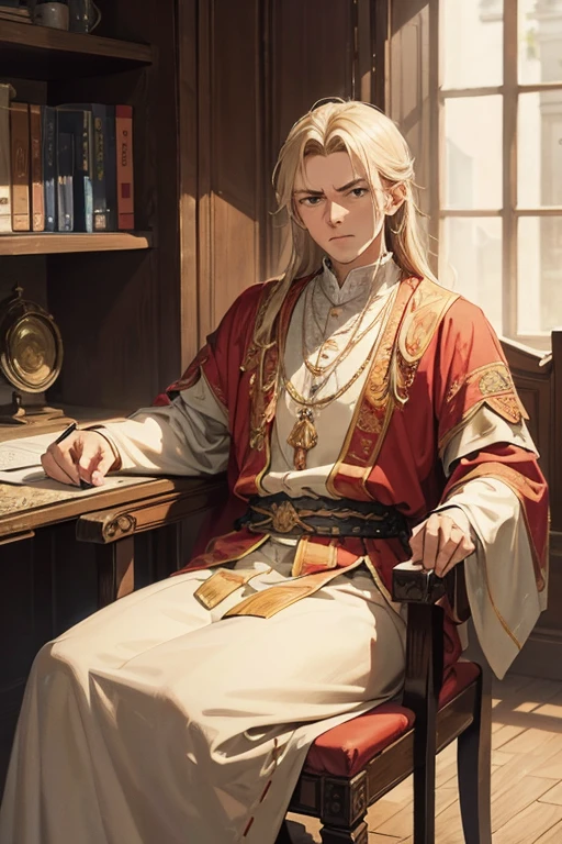 distinguished old noble lord sitting on a chair, bored, uninterested, slavic clothes