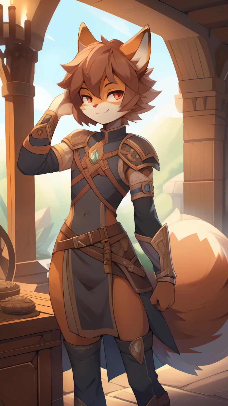 Best quality, Super detailed illustration, (fluffy squirrel boy:1.4) , feminine face and body, disheveled thick hair, Adventurer&#39;s Gear,  smug smile, half-closed eyes , femboy, small waist, wide hips, slim, perfect body, style &quot;DND&quot;