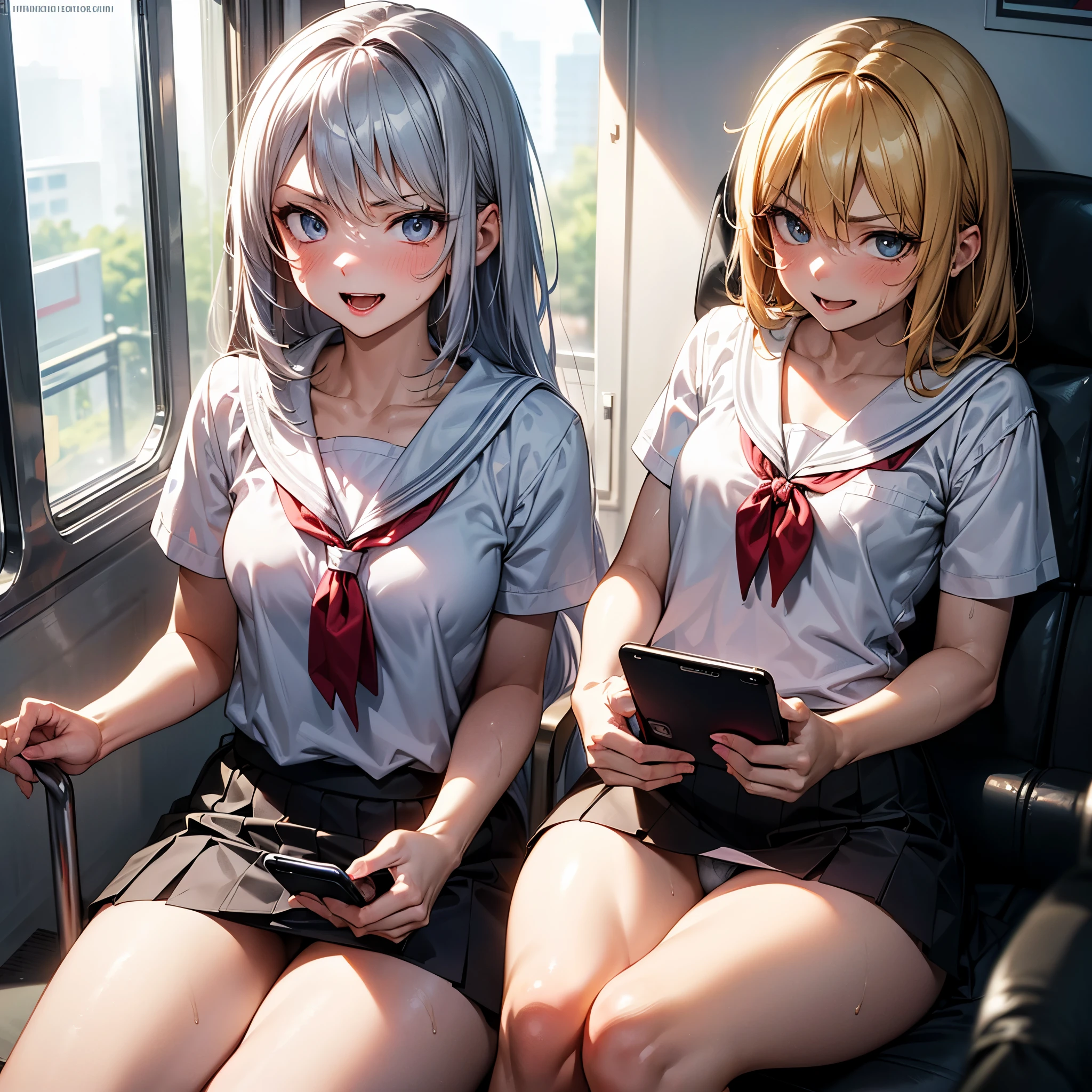 best quality,ultra-detailed,high resolution,extremely detailed CG,perfect anatomy,detailed,cinematic lighting,beautiful detailed eyes,ultra high res,cowboy shot,NSFW,1girl,15years old,gleaming skin,oil skin,gold hair,small breasts,sweat,humid,trembling,strong light coming in,spot lighting,bright,,strong facial expression,(sharp eye:1.2),(scowl:1.1),(stare at viewer with stern eyes:1.5),on the train, train interior, front view of front seat,(looking away:1.4) ,(staring at smartphone:1.7),(sitting:1.3),(skirt:1.3), show off panties, white panties, (cameltoe:1.2), cowboy shot,silver hair,(seductive smile:1.8),(sweat:1.2),(open mouth:1.3),sailor suit