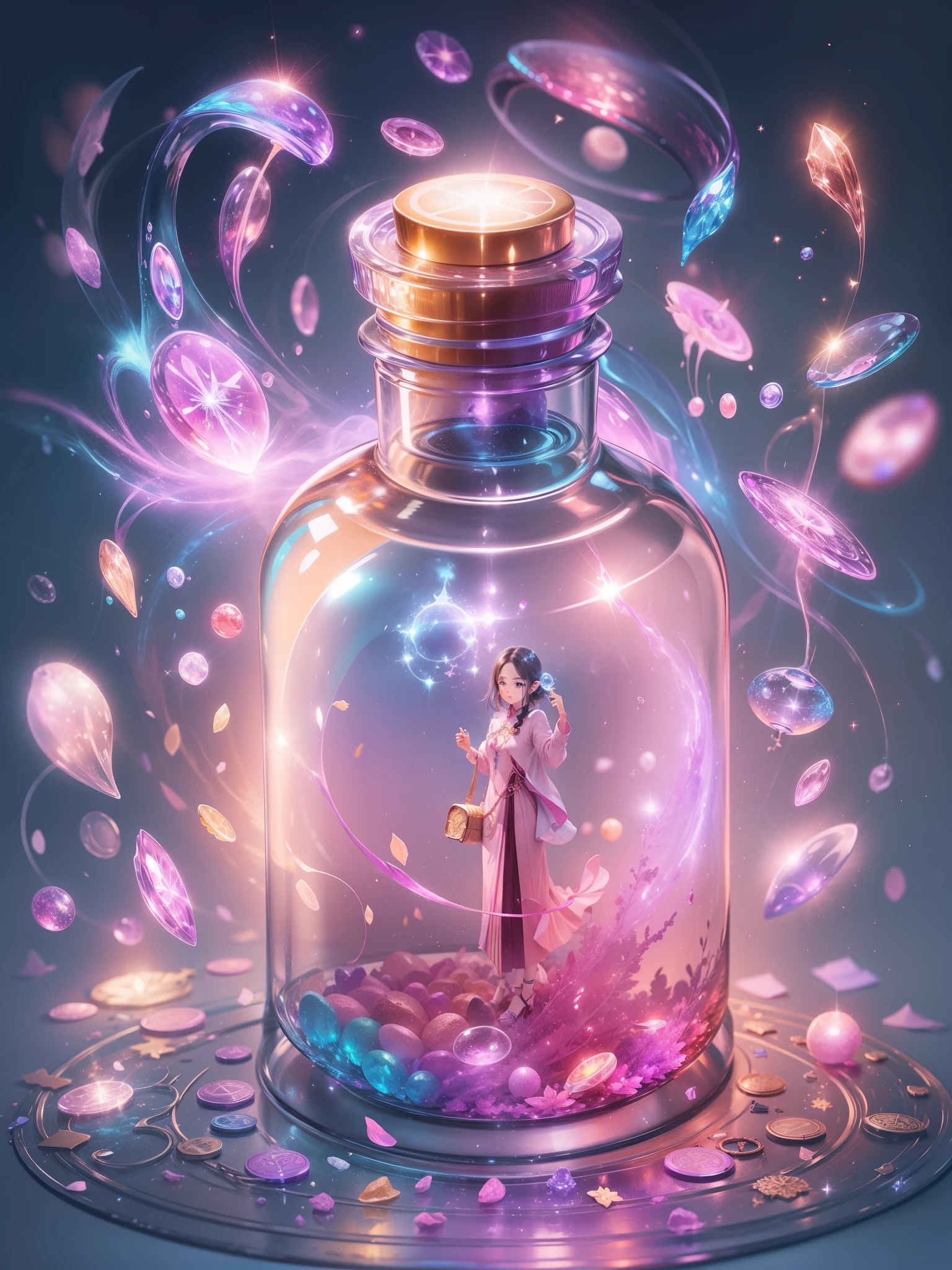 1 magic bottle、One magic key、aura、Sparkling、pink、Transparent colorful background