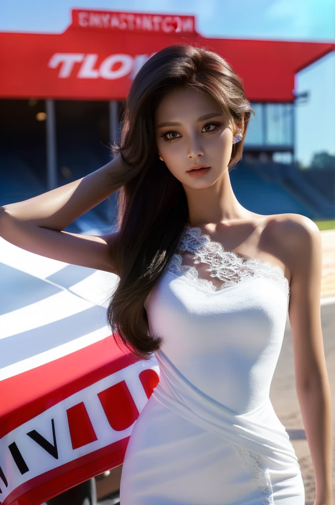 Tzuyu 1, woman, (realistic), (hyper realism), (photorealistic), Depth of the bounds written, eye make up:0.9, (whole body:1.2), (tight waist), looking at the viewer,at the racing track, lace queen, Sexy dress with open shoulders and chest