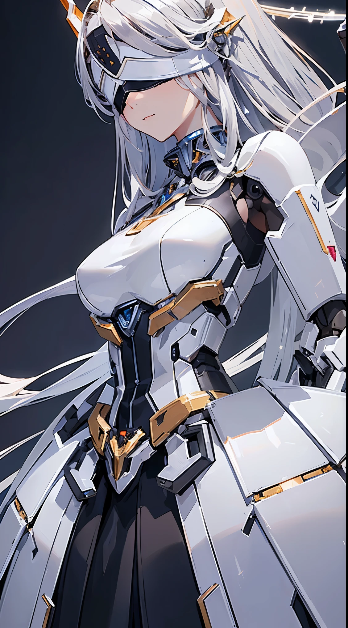 (Sit with one knee on the machine:1.6)、(Full body description:1.3)、((Shining lenses on both breasts:1.3))、((Blue pillars of light are emanating from both chests.:1.3))、smile、((8k)), ((32k)), ((highest quality)), ((masterpiece)), ((超A high resolution)), ((Tmasterpiece)), ((halo:1.4))、((Mechaニカルheadgear:1.2))、((Cyber headphones:1.3))、Fine skin, High quality fabric, Fine metal texture、((Beautiful and dense face))、RAW Photos、Professional, Ultra-fine painting, ((alone)), Beautiful breasts、highest quality, Very detailed, Very detailed詳細, Finer details, so beautiful, ((Princess Knight Robot:1.2)),  (Joints of machines, Mechanical Limbs:1.3), (The internal structure of the machine is exposed:1.3), (Long silver hair:1.1), (Beautiful and huge mechanical breasts)、White Veil, cowboy_shot, Side Focus, headgear, Shiny、(Five Fingers, Four fingers and thumb),Concept Art, Anime fantasy artwork, Detailed fantasy art, (with pale blue-violet hair and large white wings,,,,,,,), (((Long silver hair))), (Mecha:1.6)、Sleek and intimidating design, ((Commander-in-Chief&#39;arm)), (Perfect robot body)、純白と青紫armまたは, Symmetrical wings, 8K high quality, detailed art, 3D rendering of character art in 8K, neat legs, Defined, Defined fingers,
