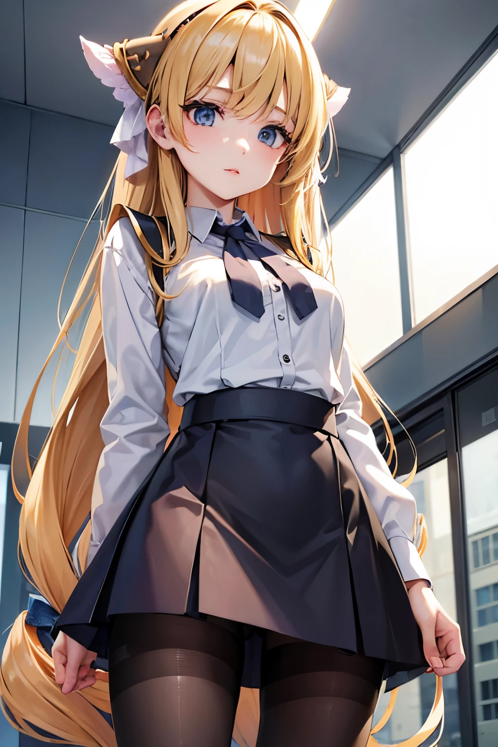 lease, blonde、long hair、office lady clothes、pantyhose、Photo from below、medium chest、bootini skirt、blouse、vest