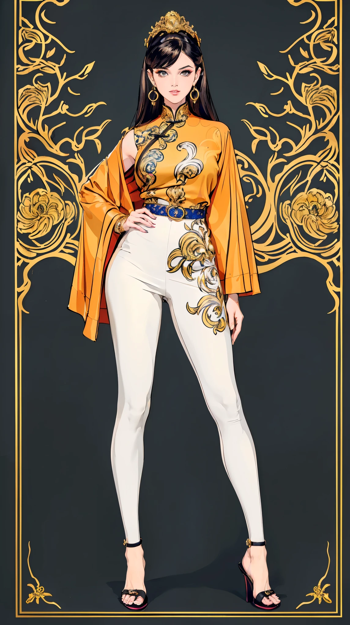 ((best quality,4k,highres,masterpiece:1.2)),((character concept art)), 1 female, age 25, Chinese Hong Kong, Hong Kong Elite, eldest sister, triad female leader, Known for her impeccable fashion sense and elegant demeanor, she is a true embodiment of the Versace brand. Her body language is as captivating as her style, always exuding confidence and high fashion. (((She's wearing an exquisite Versace Barocco-print Shirt in Silk and Barocco-print leggings, a true testament to the brand's luxurious aesthetic.))) Paired with Versace Medusa Tribute Sandals, she carries her ensemble with an air of effortless sophistication. Her accessories include a Versace Medusa Tribute Bag and a pair of Versace Tribute Sunglasses, enhancing her overall look. ((intricate detail)), super finely detailed hands, ultra finely detailed fingers(((ten fingers))), (standing still with confidently), (full body showcase), (show full body), (no logos on background), (no logo), ((plain background)), ((plain background)), (((empty background))).