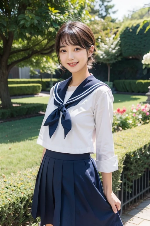 Hair shortcuts,garden,smile,,sailor suit,navy blue skirt
