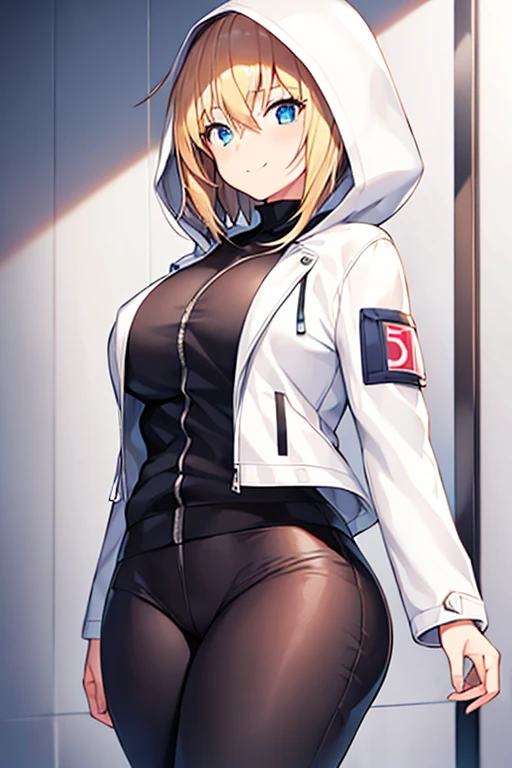 1girl, hood, jacket, hooded jacket, hood on, hood up, blonde hair, large breasts, breasts, wide hips, thick thighs, hourglass figure, white jacket, black shirt, shirt, very short hair, pants, black pants, smile, toned, toned female, urban, mature female, tall, tall female, arm down, hands down, arms down, hand down, cropped jacket, ((cropped jacket)), 2d, anime style, anime screencap, ((2d)), ((anime style)), ((anime screencap))