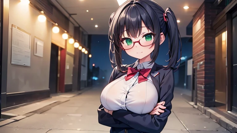 highest quality,wonderful,finely,extremely detailed CG unity 8k wallpaper,written boundary depth,1 girl, big breasts,(crossed arms:1.3), black hair, glasses, green eyes,twin tails,full body, highest quality,Super detailed,unity 8k wallpaper,game CG,