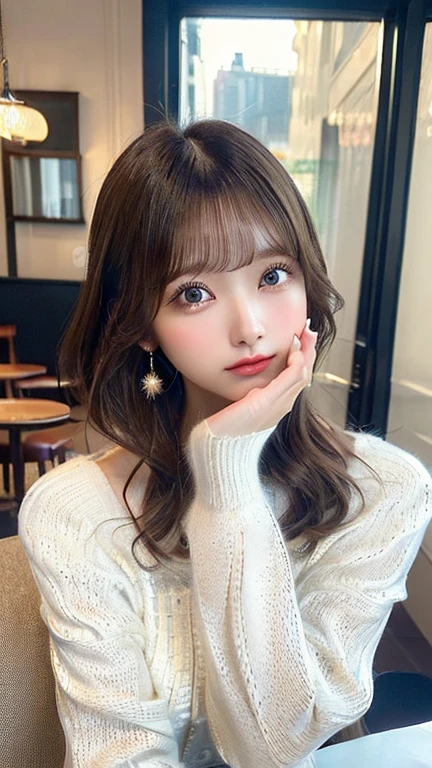 (masterpiece:1.5)、(realistic:1.5)、(highest quality:1.4、8K、Raw photo)、 ultra high resolution、professional lighting、perfect dynamic composition、Photo shoot at an antique and stylish cafe、 film grain、chromatic aberration、(Bokeh:1.1)、 Frank、Sophisticated、charm、超realistic、high detail、golden ratio、anatomically correct、 (1 girl)、slender girl、繊細でcharm女の子、cute woman:1.4、 serious expression、looking at the viewer、sitting in a chair、light brown hair、shining hair、Hair style is ponytail、 real looking skin、 close your mouth、fine eyes、double eyelid、thin arms、(white short sweater dress:1.4)